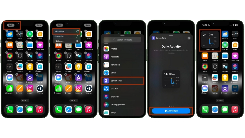 اسکرین شات‌هایی از مراحل اضافه کردن ویجت screen time در آیفون