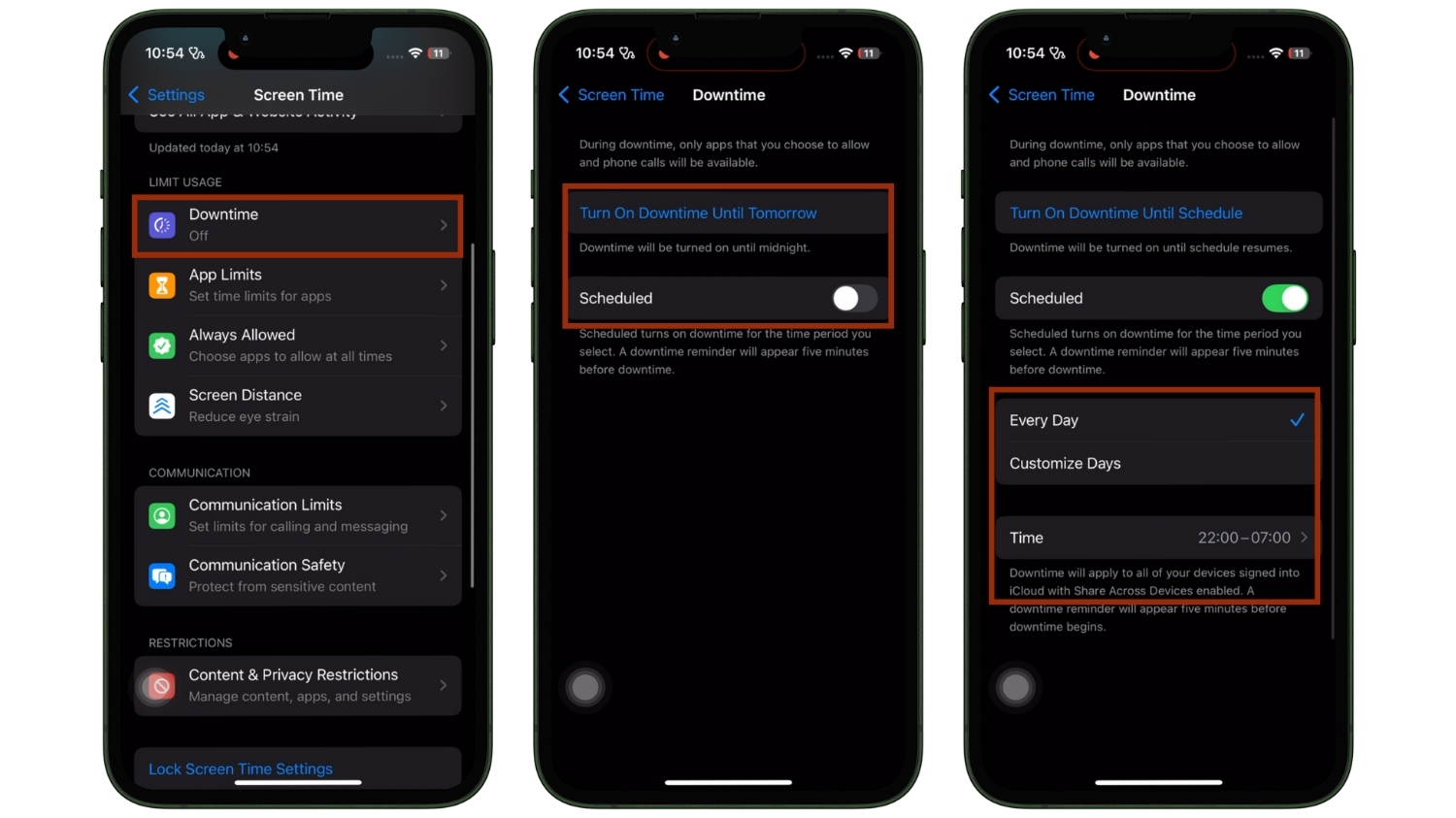 اسکرین‌شات‌هایی از تنظیمات Screen Time و بخش Downtime