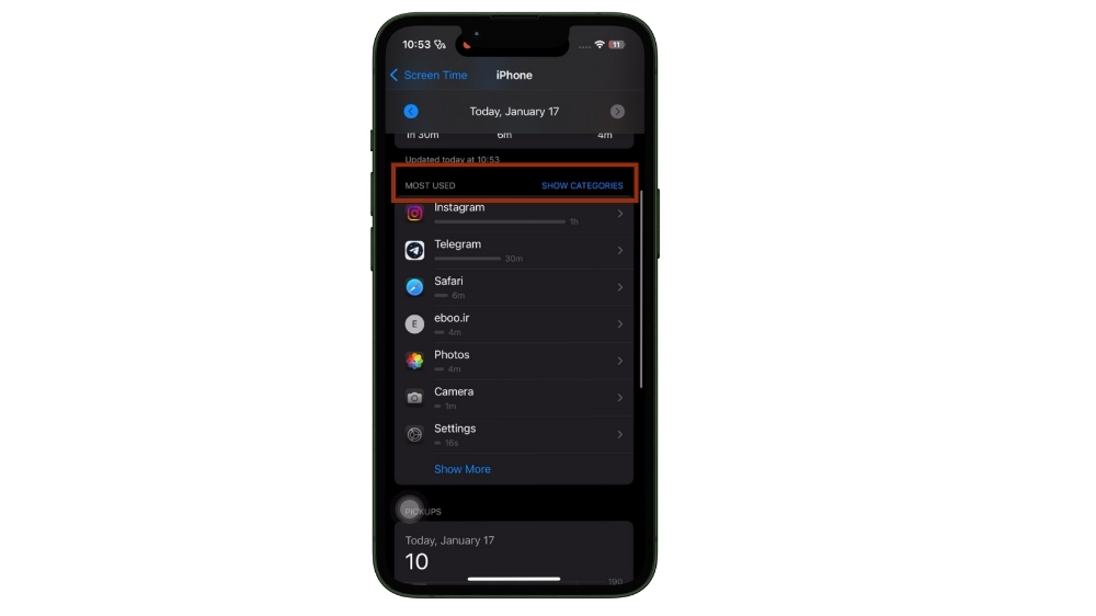 اسکرین شات داده‌های گزارشات اسکرین تایم آیفون بخش Most Used