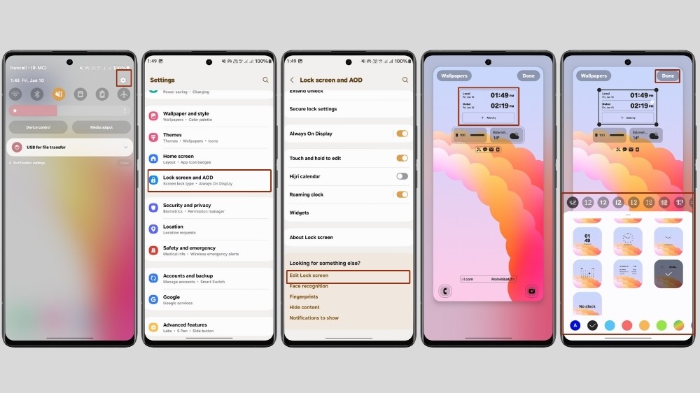 اسکرین شات‌هایی از مراحل اضافه کردن ساعت به صفحه قفل سامسونگ