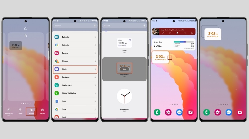 اسکرین‌شات‌هایی از قرار دادن ویجت ساعت روی صفحه هوم گوشی سامسونگ