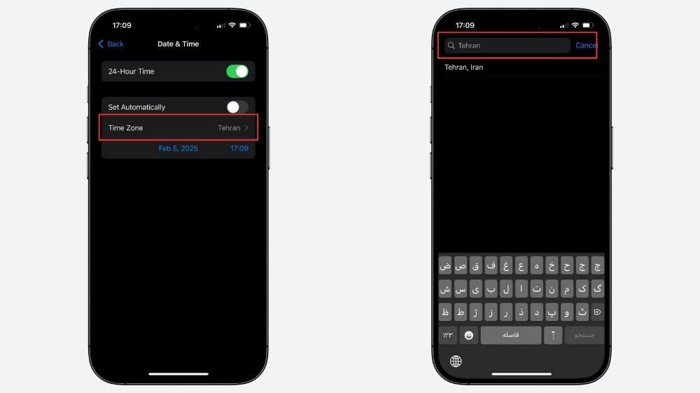 ۲ گوشی آيفون در حال نمایش تنظیمات مربوط به منطقه زمانی روی صفحه نمایش