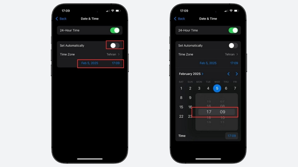 ۲ گوشی آیفون در حال نمایش تنظیمات مربوط به تنظیم دستی ساعت و تاریخ روی صفحه نمایش