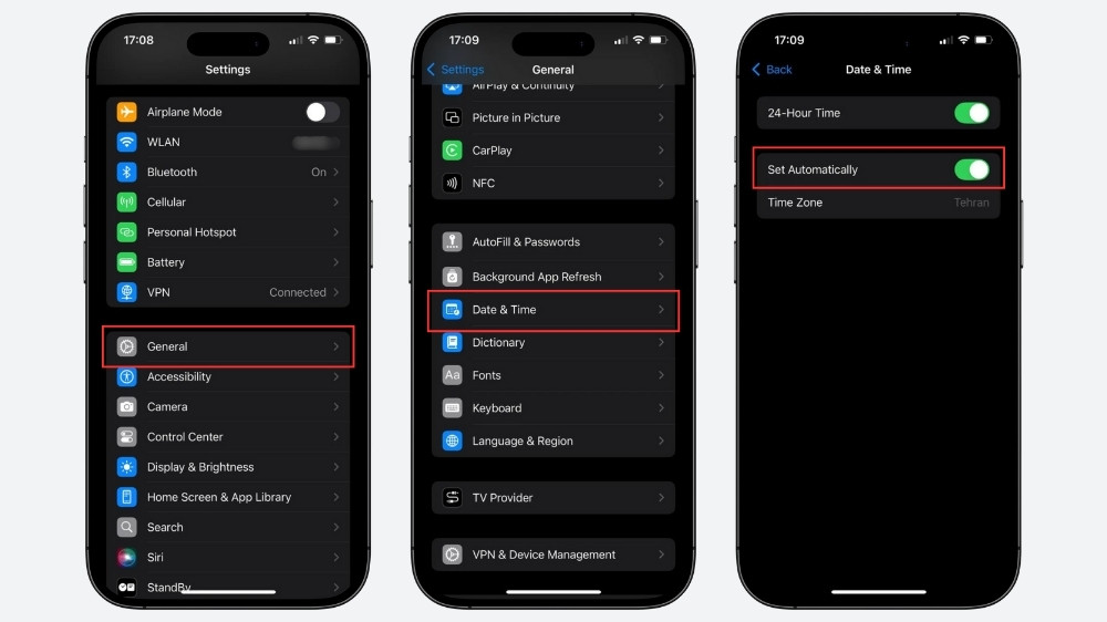 ۳ گوشی آیفون در حال نمایش تنظیمات مربوط به تنظیم خودکار ساعت و تاریخ روی صفحه نمایش