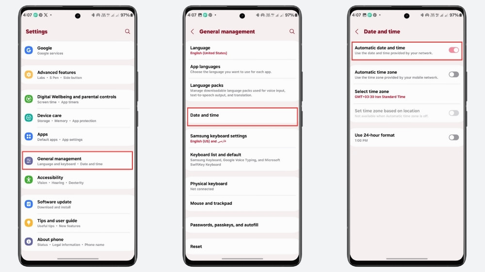 ۳ گوشی سامسونگ در حال نمایش تنظیمات مربوط به تنظیم خودکار ساعت و تاریخ روی صفحه نمایش