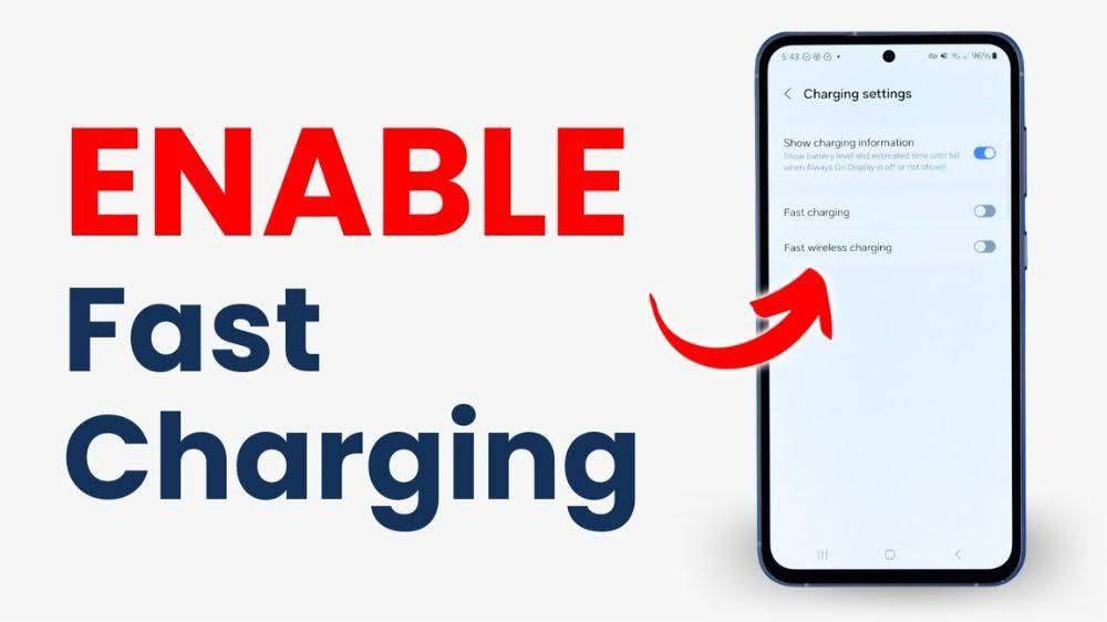 اسکرین شات از صفحه تنطیمات باتری و شارژ و فعال کردن گزینه Fast Charging در گوشی سامسونگ