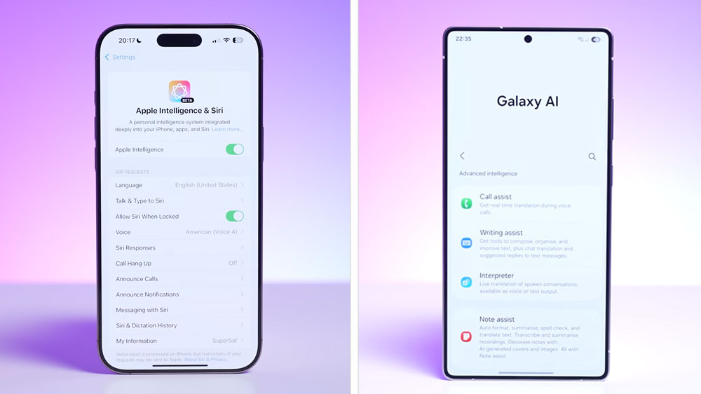نمایش گلکسی Ai (راست) و Apple Intelligence (چپ) در آیفون و سامسونگ