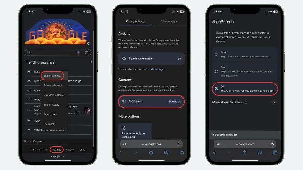 سه گوشی در حال نمایش نحوه غیرفعال کردن جستجوی ایمن در گوگل سرچ از طریق سافاری
