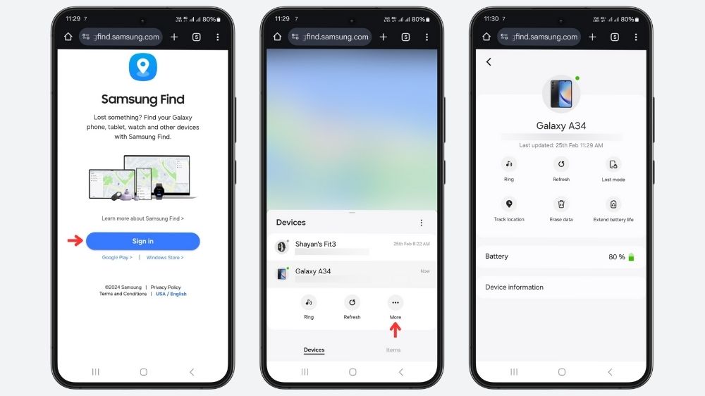سه گوشی در حال نمایش روش پیدا کردن دستگاه با قابلیت Samsung Find