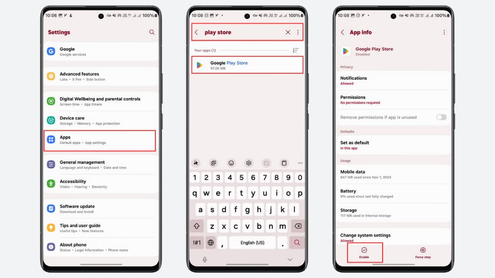 ۳ گوشی سامسونگ در حال نمایش مراحل فعال سازی برنامه گوگل پلی استور از طریق تنظیمات Apps و انتخاب گزینه Enable