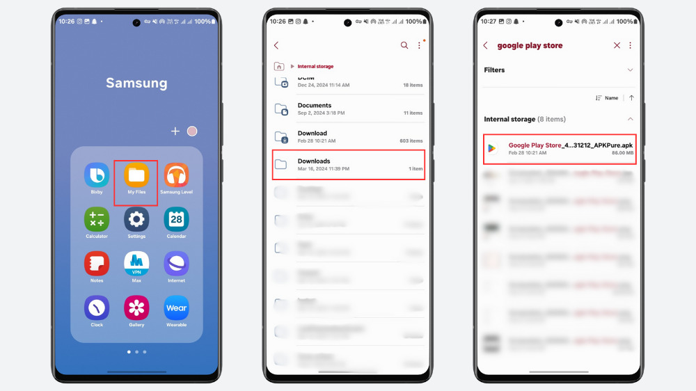 ۳ گوشی سامسونگ در حال نمایش نحوه دسترسی به فایل منیجر My Files و پیدا کردن فایل نصبی گوگل پلی استور از پوشه Download