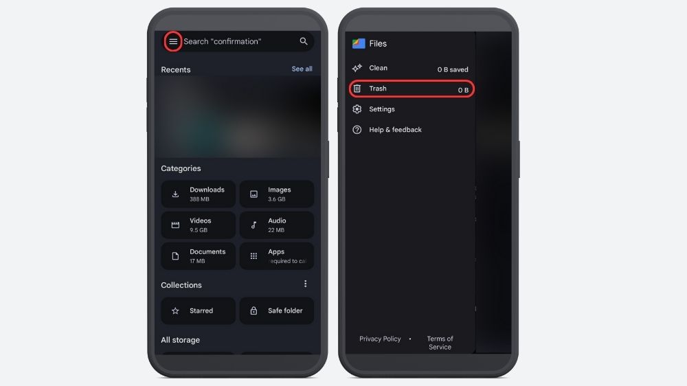 دو گوشی در حال نمایش نحوه دسترسی به سطل زباله از طریق برنامه Google Files