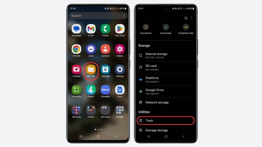 دو گوشی در حال نمایش نحوه ورود به بخش سطل زباله در برنامه مدیریت فایل گوشی سامسونگ