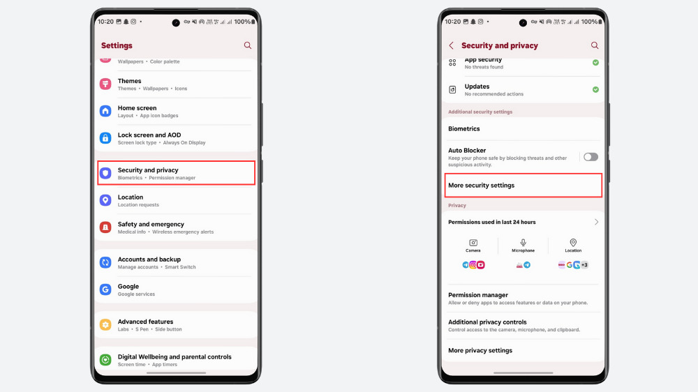 ۲ گوشی سامسونگ در حال نمایش تنظیمات Security and privacy و More Security Settings