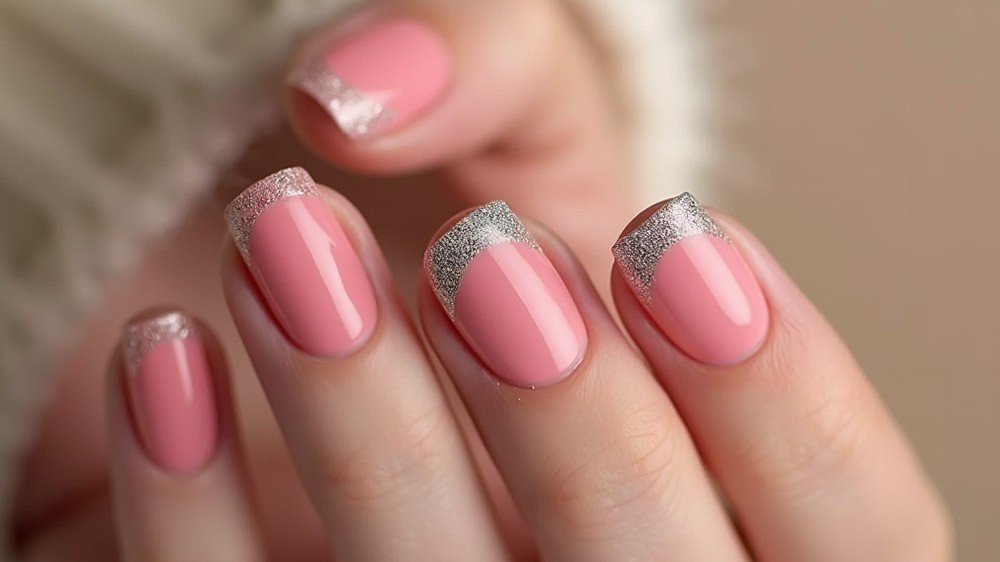 طراحی فرنچ نقرهای ناخنها با لاک صورتی