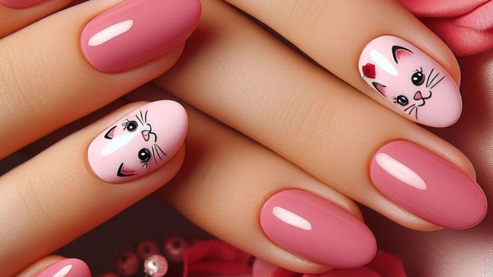 طراحی ناخن دست مدل بچه گربه با لاک صورتی کمرنگ و پررنگ
