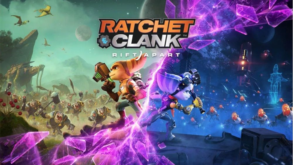 پوستر رسمی بازی Ratchet & Clank: Rift Apart با حضور دو شخصیت اصلی در دو دنیای متفاوت