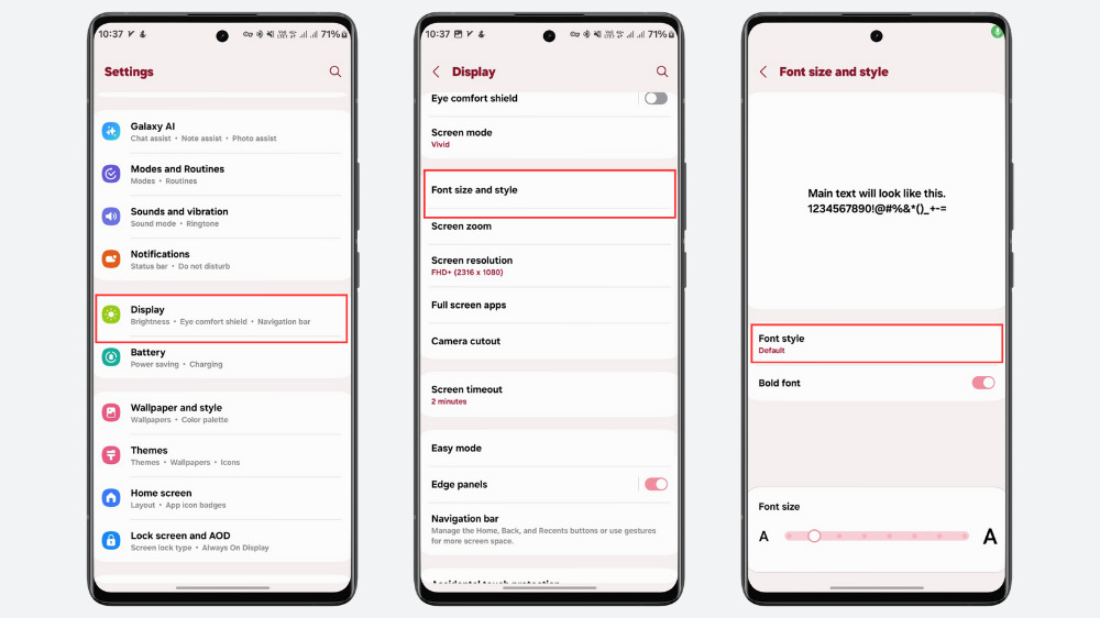 ۳ گوشی سامسونگ در حال نمایش تنظیمات Display و Font size and style برای تغییر فونت گوشی