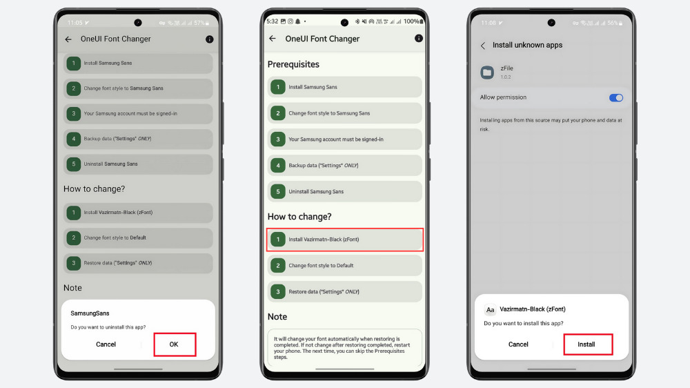 ۳ گوشی سامسونگ در حال نمایش تایید uninstall فونت Samsung Sans و سپس نصب فونت وزیر در برنامه zFont