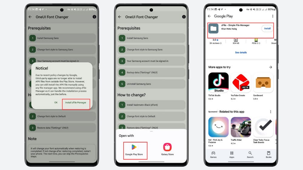 ۳ گوشی سامسونگ در حال نمایش مرحله اول ایجاد فونت جدید در zFont و نصب برنامه zFile از گوگل پلی استور