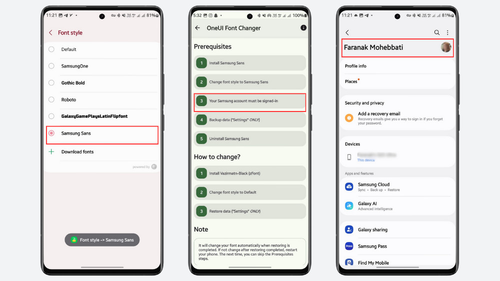 ۳ گوشی سامسونگ در حال نمایش انتخاب فونت SamsungSans و چک کردن لاگین بودن اکانت سامسونگ