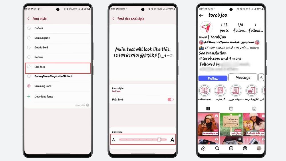 ۳ گوشی سامسونگ در حال نمایش تنظیمات فونت سامسونگ و افزایش اندازه فونت