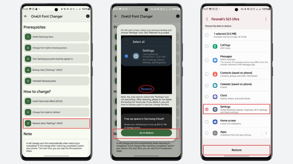 ۳ گوشی سامسونگ در حال نمایش مرحله آخر ایجاد فونت سفارشی و بازیابی تنظیمات بکاپ گرفته شده در تنظیمات گوشی