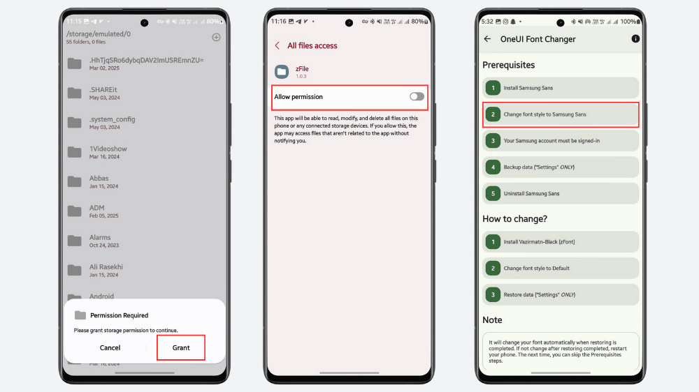 ۳ گوشی سامسونگ در حال نمایش مجوزهای درخواستی فایل منیجر zFile و رفتن به مرحله دوم تغییر فونت در zFont 3