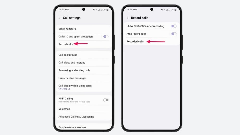 دو گوشی در حال نمایش نحوه دسترسی به مکالمات ضبط شده در گوشی سامسونگ از طریق تنظیمات تلفن
