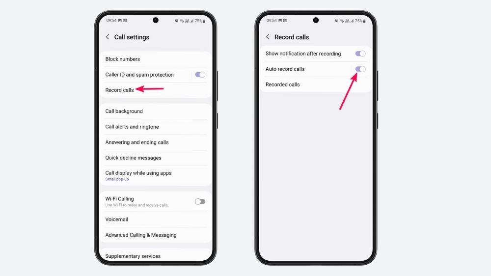 دو گوشی در حال نمایش نحوه فعال کردن ضبط خودکار تماس روی گوشی سامسونگ