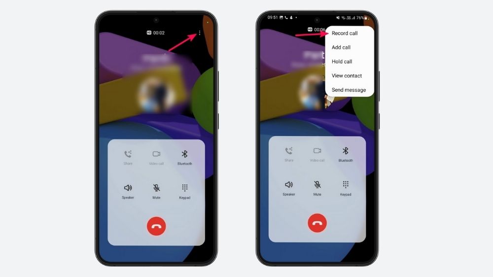 دو گوشی در حال نمایش نحوه ضبط تماس حین مکالمه روی گوشی سامسونگ