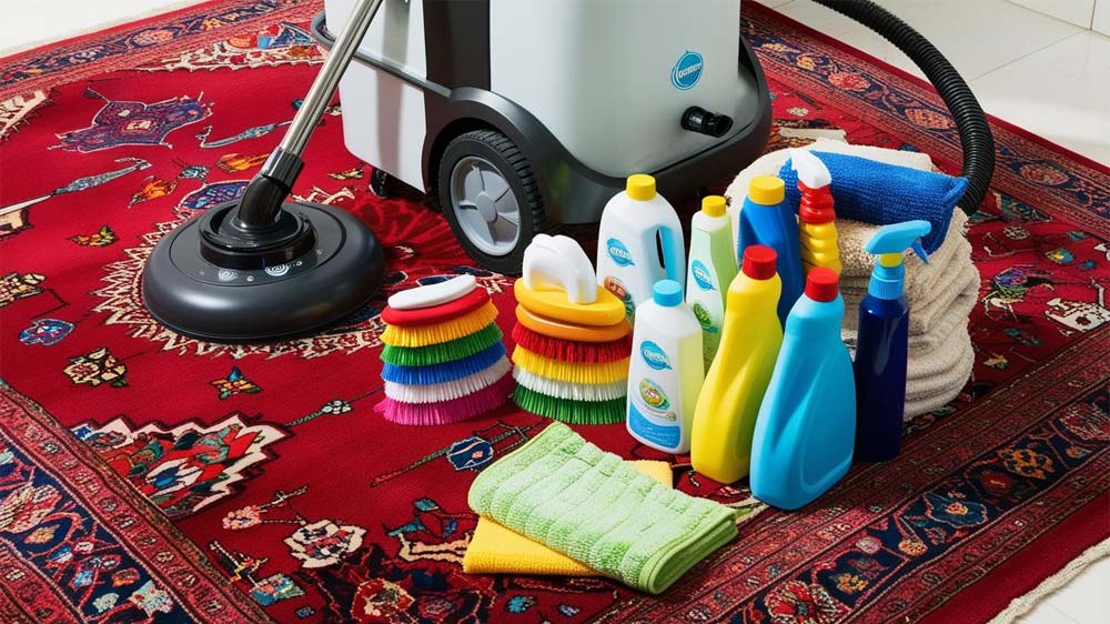 چندین بطری شوینده در کنار بخارشو روی فرش دستبافت ایرانی