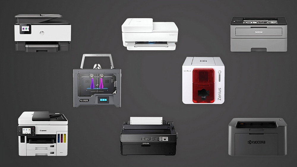 پرینتر لیزری رنگی HP، پرینتر جوهرافشان HP، پرینتر لیزری خاکستری برادر، پرینتر سهبعدی خاکستری، پرینتر چاپ کارت سفید و قرمز زنیوس، پرینتر رنگی لیزری کانن، پرینتر سوزنی مشکی اپسون و پرینتر لیزری خاکستری Kyocera با پسزمینه خاکستری تیره