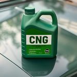 یک بطری سبز روغن موتور cng روی کاپوت پراید