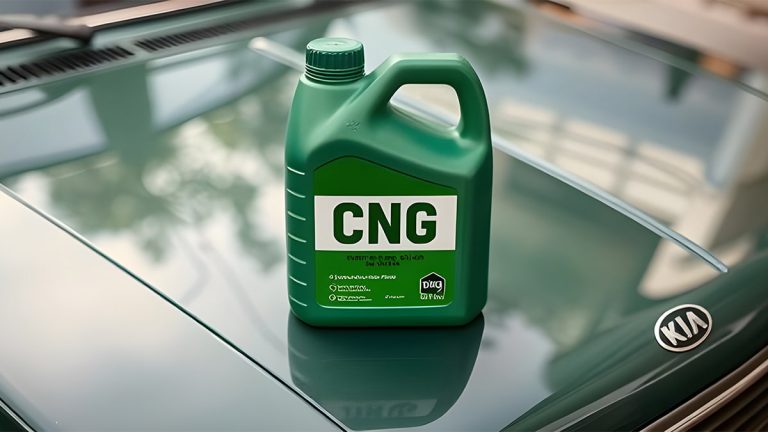 یک بطری سبز روغن موتور cng روی کاپوت پراید