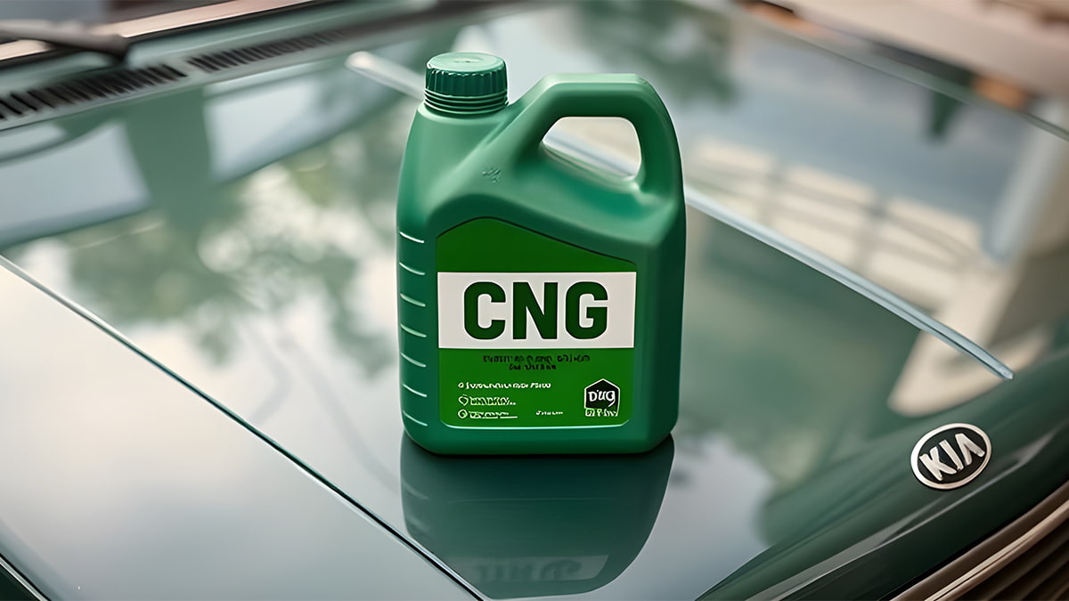 یک بطری سبز روغن موتور cng روی کاپوت پراید