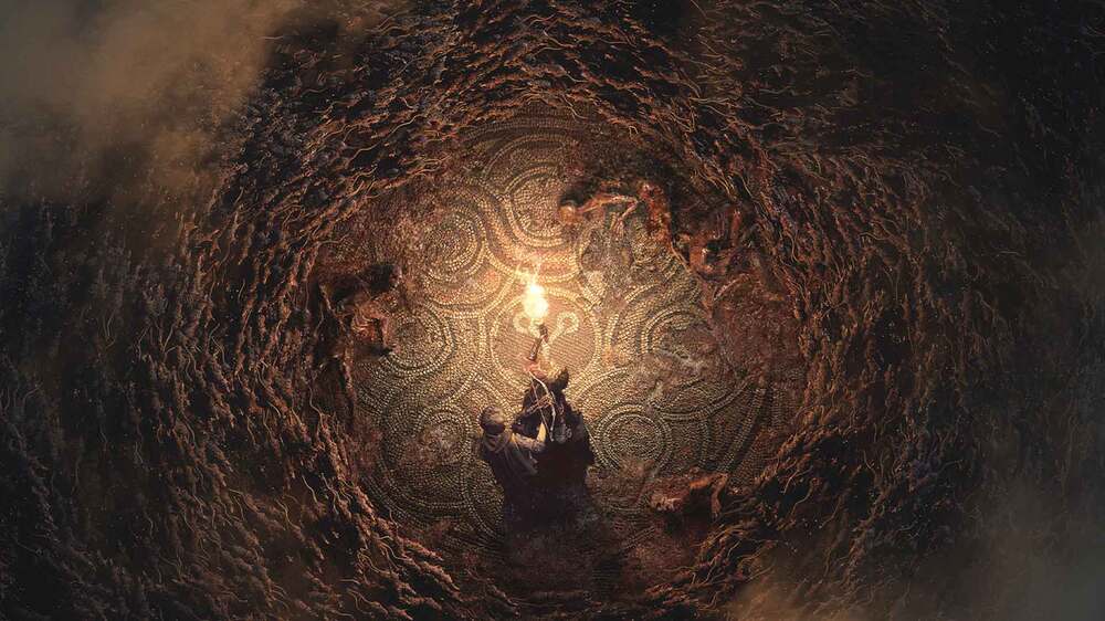 شخصیتهای اصلی بازی a plague tale requiem که توسط موجی از موشها محاصره شدهاند و یک مشعل در دست دارند