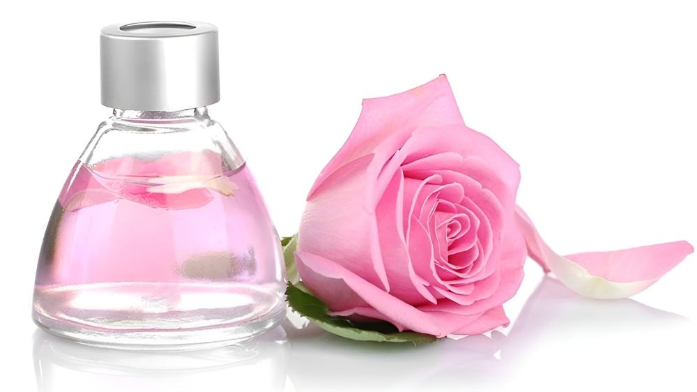 یک گل محمدی درکنار یه شیشه گلاب قرار دارد و پس زمینه نیز سفید است