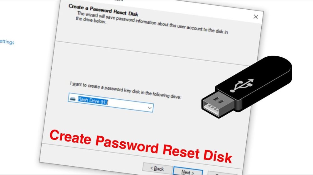 تصویر گرافیکی از آیکون یک فلش مشکی و پنجره create password reset disk ویندوز