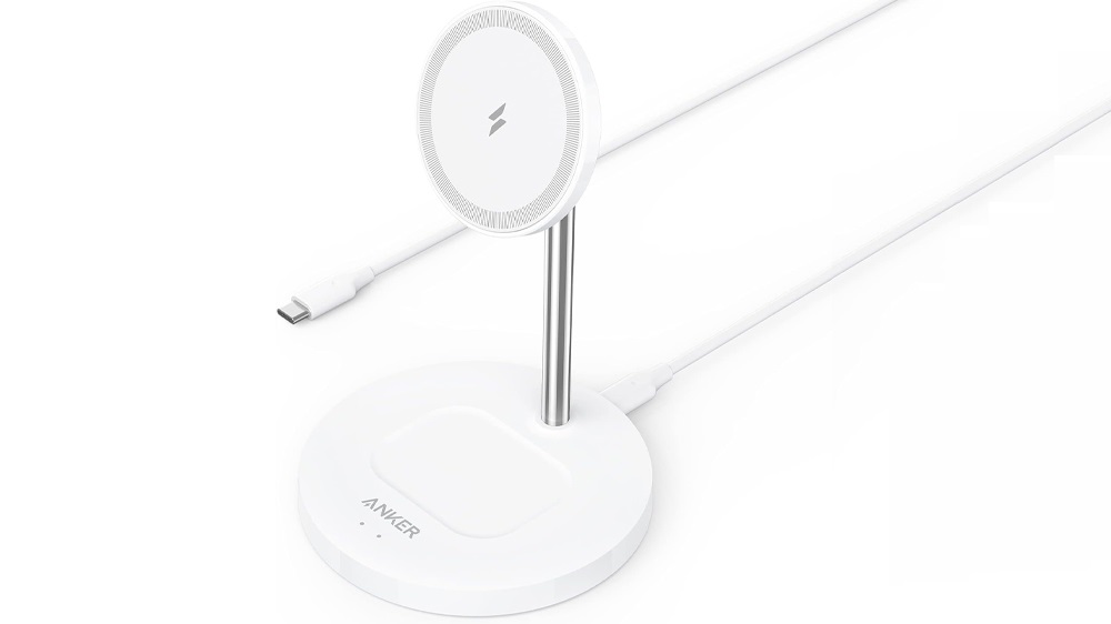 شارژر وایرلس ۲ در ۱ انکر مدل PowerWave a2543h21 لایت مغناطیسی به رنگ سفید به همراه کابل USB-C