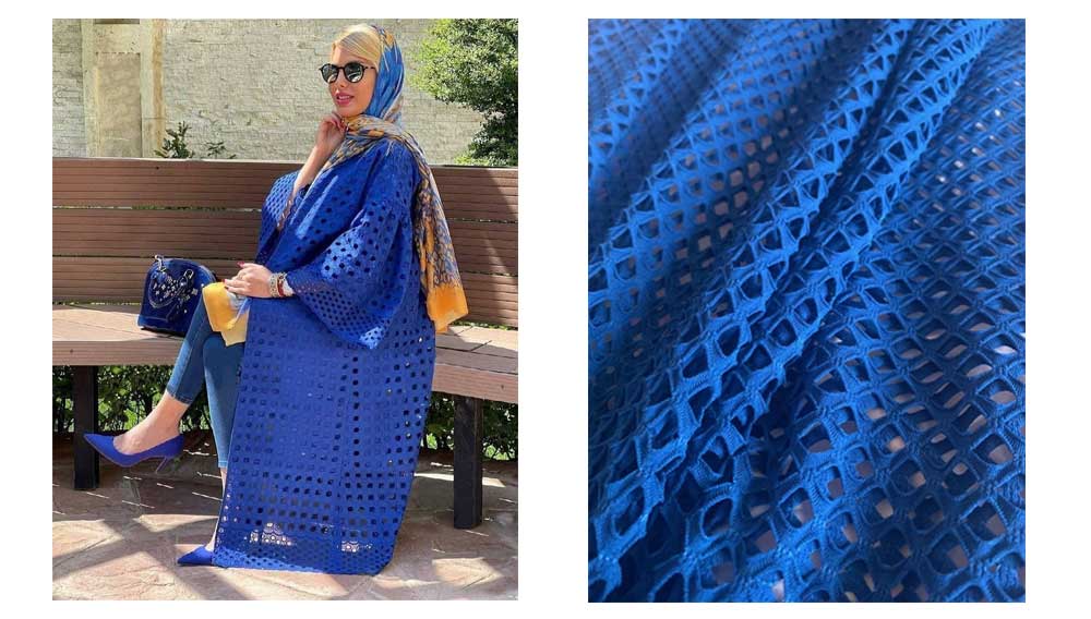 پارچه گیپور آبی رنگ از نمای نزدیک و خانمی با مانتو گیپور آبی