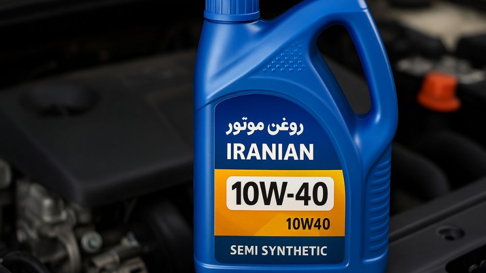 بستهبندی آبی رنگ روغن 10W40 ایرانی که روی یک موتور خودرو قرار گرفته است.