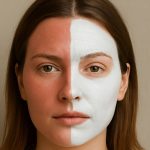 صورت آفتاب سوخته یک خانم که نصف صورتش با کرم پوشیده شده است.