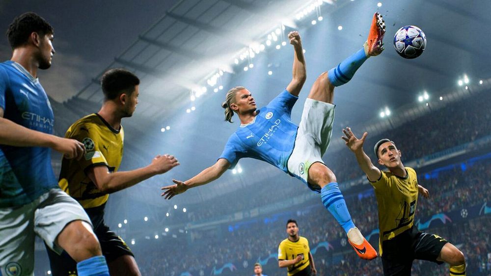 هالند در بازی EA Sports FC 25 که در حال برگردان زدن است و بازیکنان رقیب می‌خواهند جلویش را بگیرند