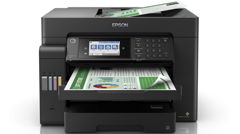 پرینتر چندکاره جوهر افشان اپسون EcoTank L15150 A3 به رنگ مشکی در حال پرینت یک تصویر