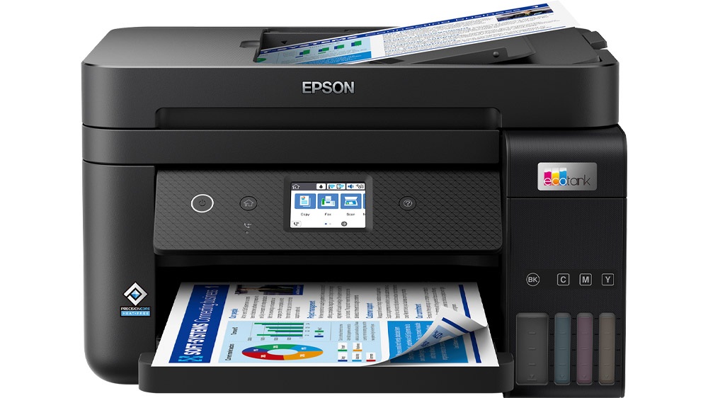 پرینتر چندکاره جوهرافشان اپسون EcoTank L6290 به رنگ مشکی در حال پرینت یک تصویر