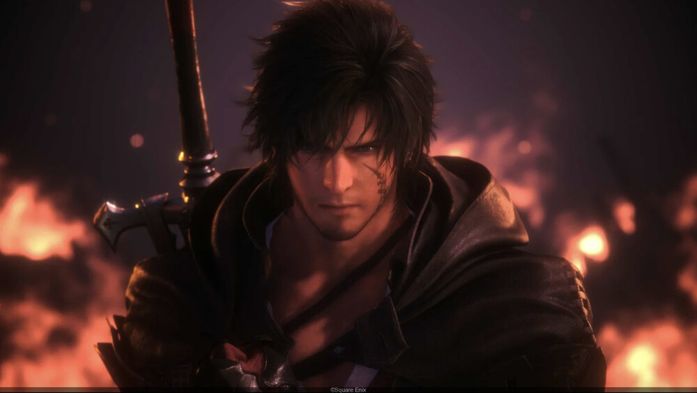 شخصیت کلایو از بازی final fantasy xvi که توسط آتش محاصره شده و چهرهای عصبانی دارد