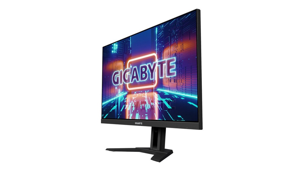 مانیتور گیگابایت m28u که در یک پس زمینه سفید است و به سمت چپ قرار گرفته است