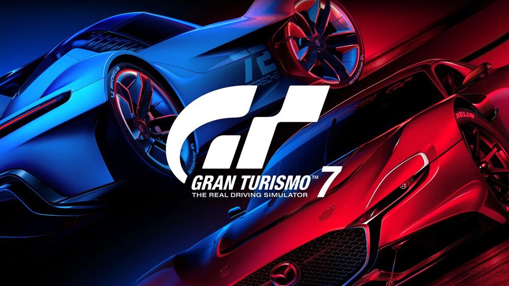 پوستر بازی Gran Turismo 7 که دو ماشین قرمز و آبی را نشان میدهد و متنی هم در وسط تصویر دیده میشود
