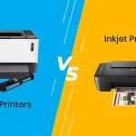 مقایسه پرینتر لیزری سفید رنگ مدل HP LaserJet Tank MFP 2604sdw با پرینتر جوهرافشان مشکی رنگ مدل Canon PIXMA MG2522 با پس‌زمینه آبی و زرد